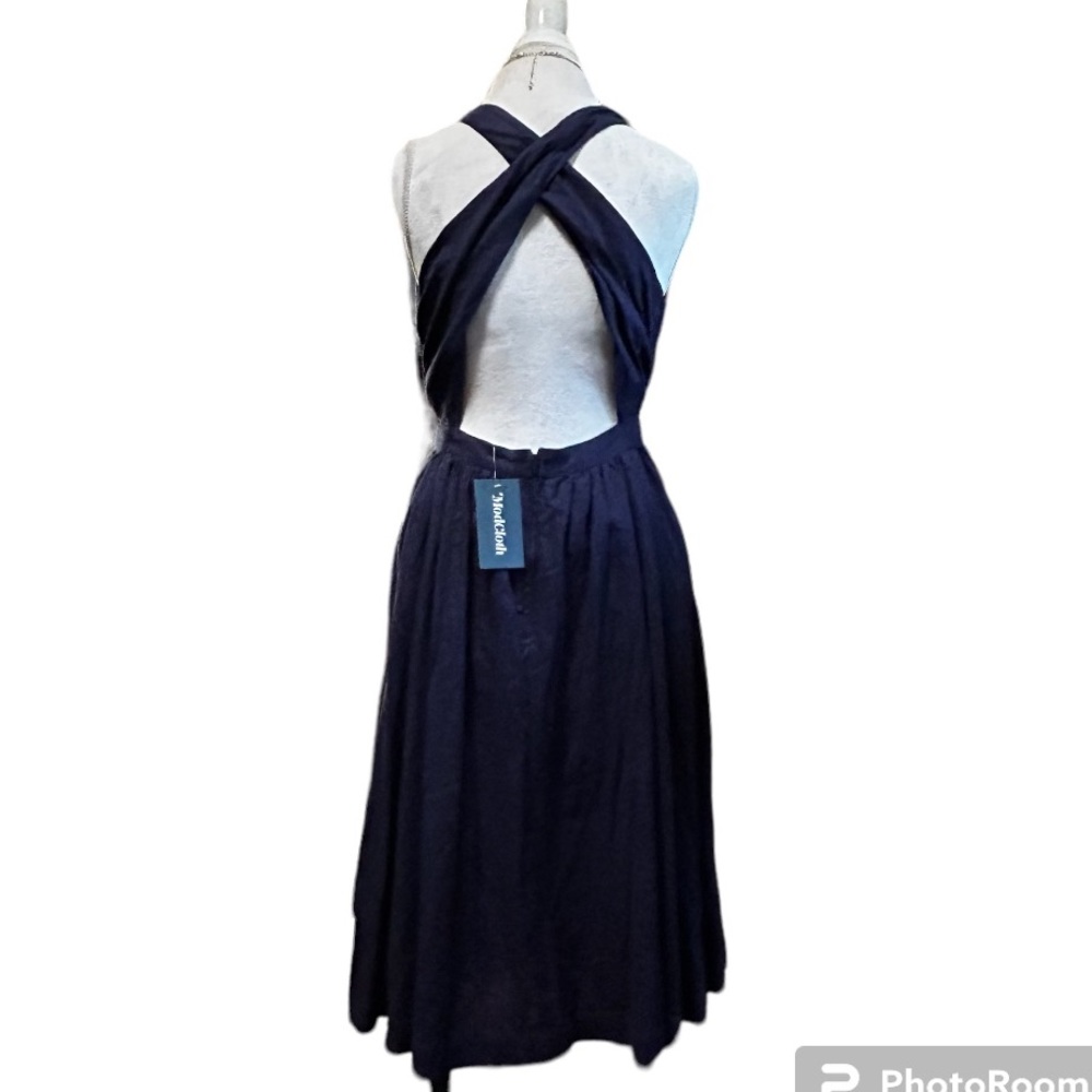 NWT ModCloth Women’s Dress Sz 10 Navy Midi Halter Top Open Back zipper at waist
